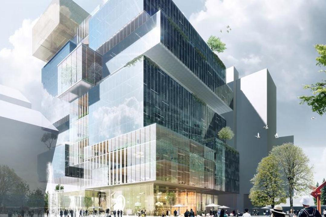 Architectural Rendering of 3 Parramatta Square, the new headquarters of National Australia Bank who will be the sole occupant of the building. Illustrated are shoppers and workers mingling in the public domain during the day with the lego style block designed building dominating the background and skyline. 