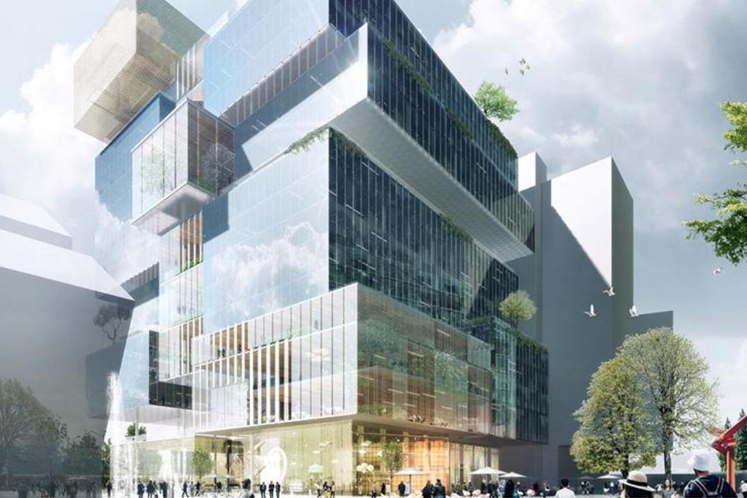 Architectural Rendering of 3 Parramatta Square, the new headquarters of National Australia Bank who will be the sole occupant of the building. Illustrated are shoppers and workers mingling in the public domain during the day with the lego style block designed building dominating the background and skyline.