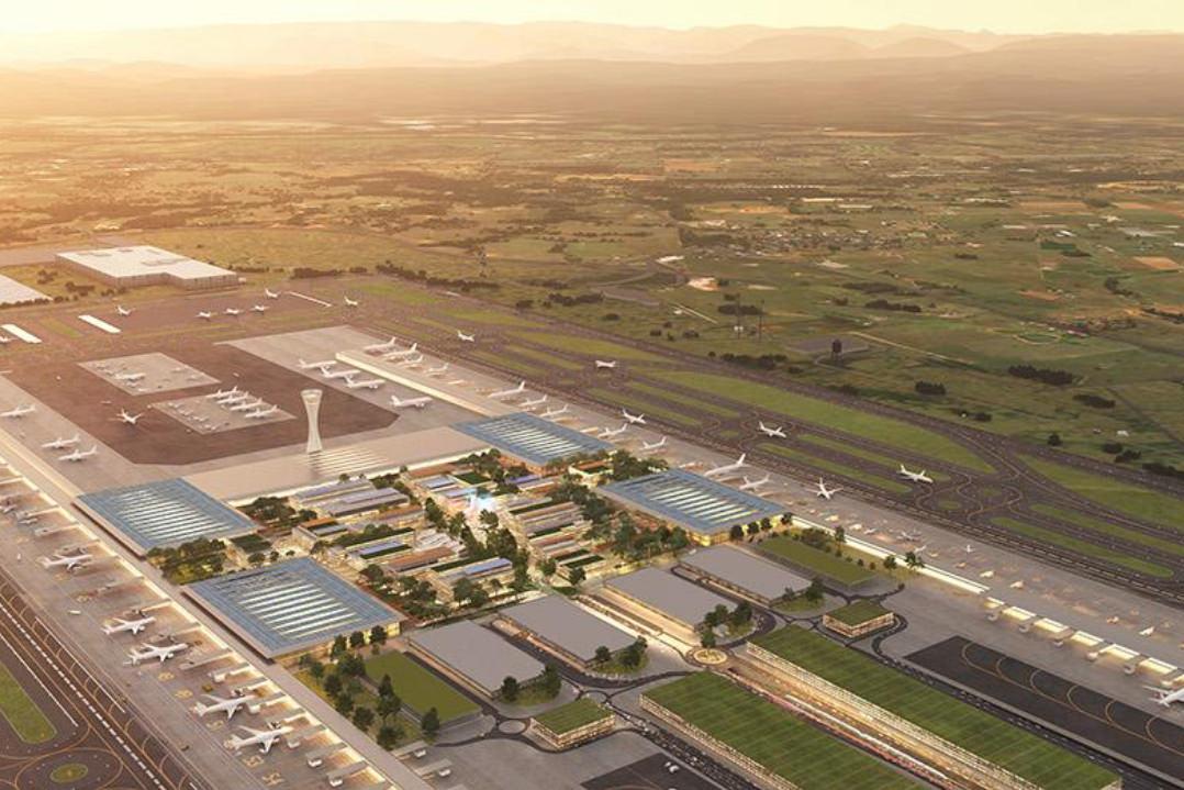 ARCHITECTURAL AERIAL RENDERING OF WHAT THE NEW WESTERN SYDNEY AEROTROPOLIS RUNWAYS AND WILL LOOK LIKE. 