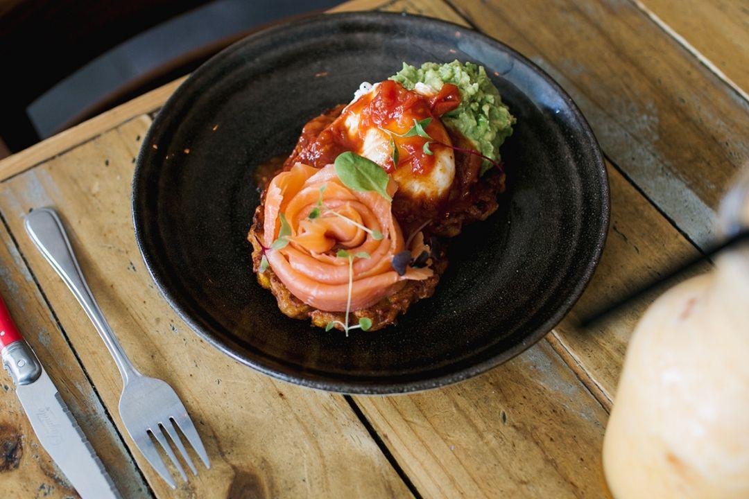 smoked salmon, avocado and egg on potato rosti