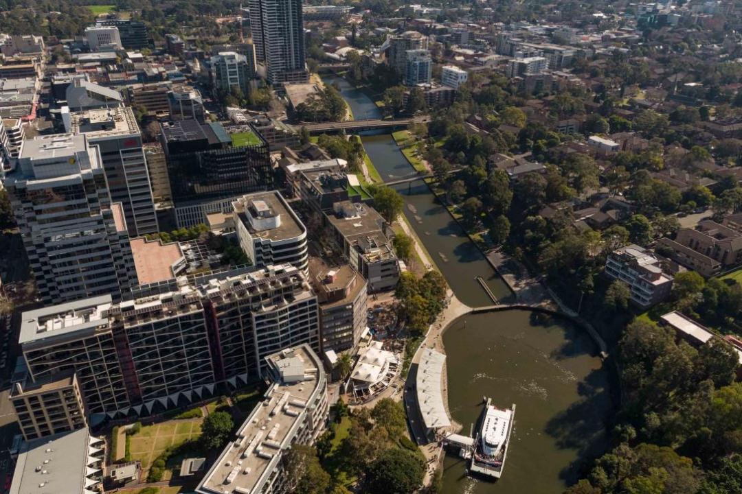 Aerial image of the Parramatta CBD taken from the east looking west across the CBD small business opportunity south of the river and proximity to the north residential side. 