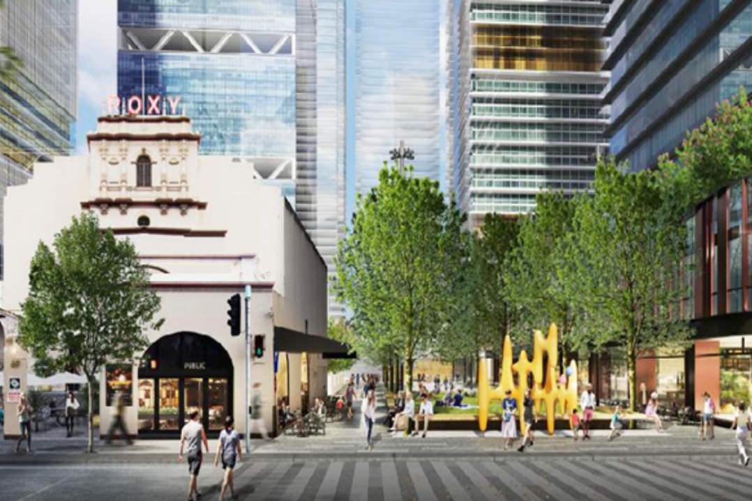 Architects rendering of Civic Link at its mid point at the Roxy Theatre. Pictured are shoppers and workers mingling amongst the shade offered by leafy green trees that line the pedestrian zoned shops and restaurants.