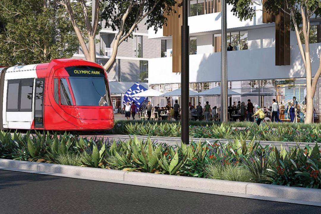 Architects rendering of the new Parramatta light rail. A carriage makes its way down Macquarie Street bound for Olympic Park