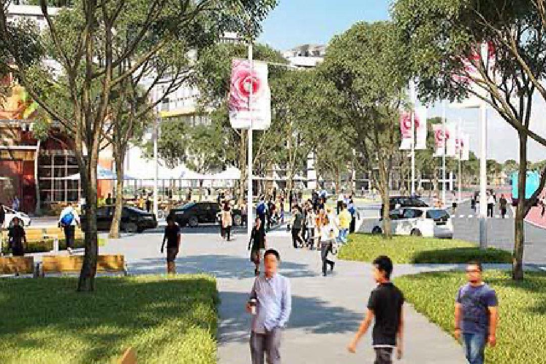 Architectural rendering of the new Camellia Town Centre. Residents make their way around the purpose built residential and retail sector walking through parklands and eating at cafes that form the major component of the redevelopment. 