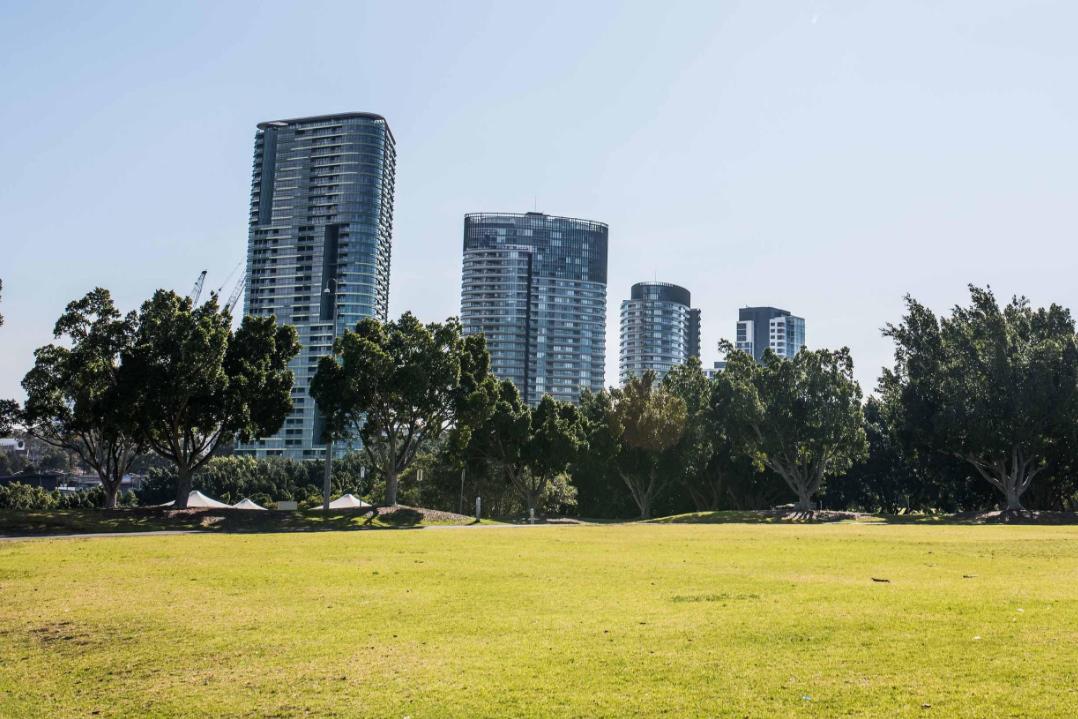 Four residential towers loom over existing green park space in Bicentennial Parklands. The illustration is meant to show the balance that can be attained in development and leisure.
