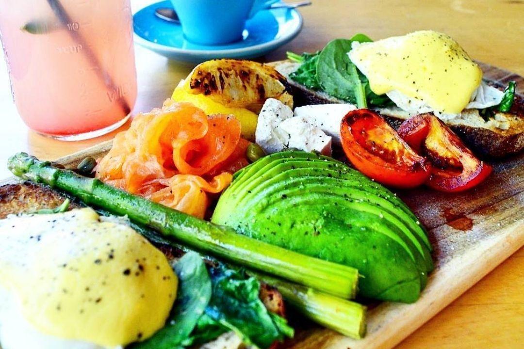 Brunch board avocado, cheese, smoked salmon, asparagus