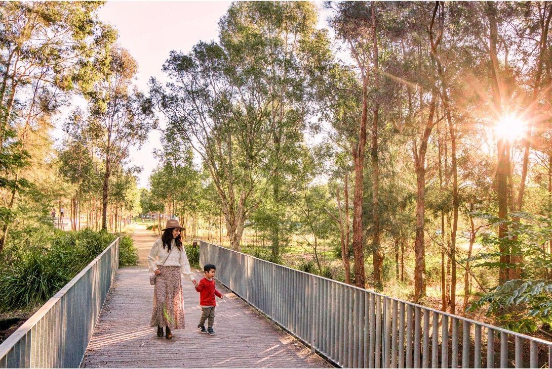A woman and a child walk hand in hand on a sunny forest path. Sunlight filters through the trees, creating a warm, serene atmosphere.