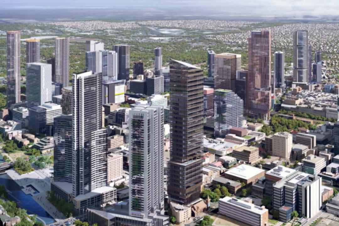 Architects rendering of what the City of Parramatta CBD skyline will look like once all current Development Applications and Design Competitions are awarded. 