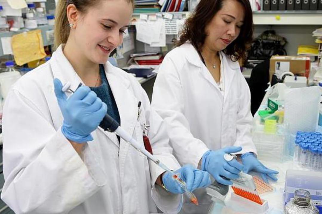 A medical student works alongside a senior doctor in the lab performing analysis on test tube samples. 