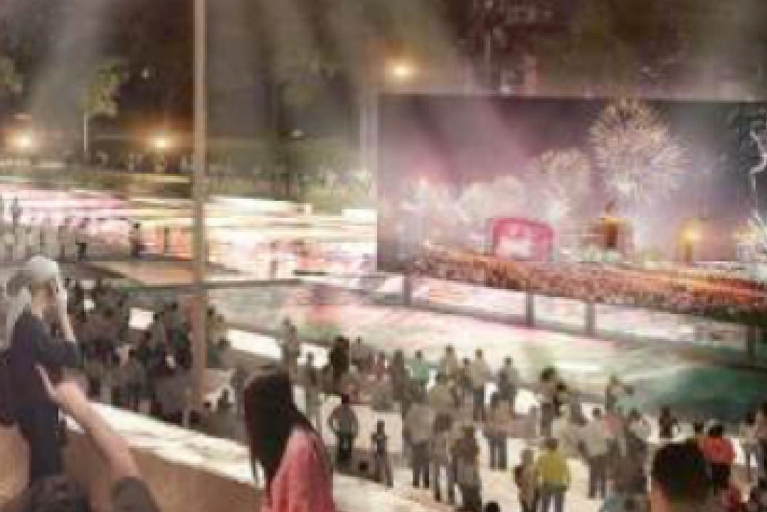 Architects rendering of one end of Civic Link known as River Square. Pictured is an activated area with people united in celebration and festivity as a cultural event is commences. 
