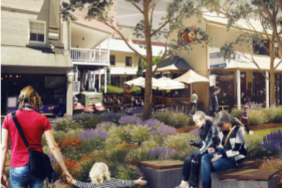 Architects rendering of one end of Civic Link known as the Public Domain. Pictured is an activated area with residents and workers utilising the shaded space to go about their errands
