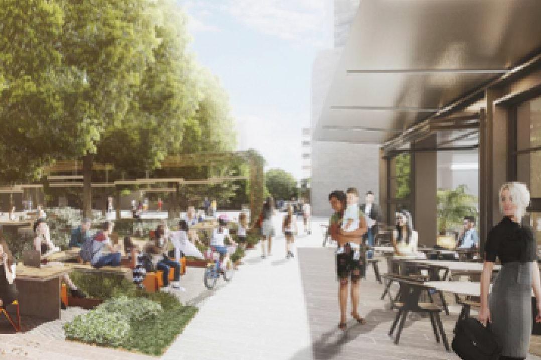 Architects rendering of one end of Civic Link known as Parramatta Square. Pictured is an activated area with shoppers and workers making use of the wide tree lined and dedicated pedestrian pathways through the city. 