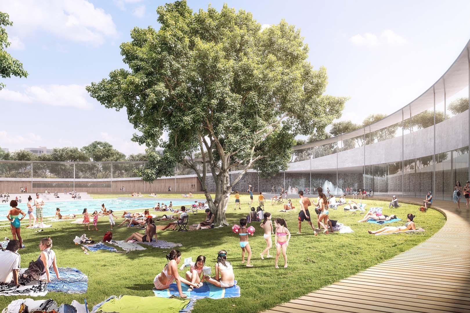 architects rendering of new City of Parramatta Aquatic Centre. Pictured is the circle structured admin and facilities building surround the 50m outdoor pool as bathers enjoy the new facilities on a sunny summer day. 