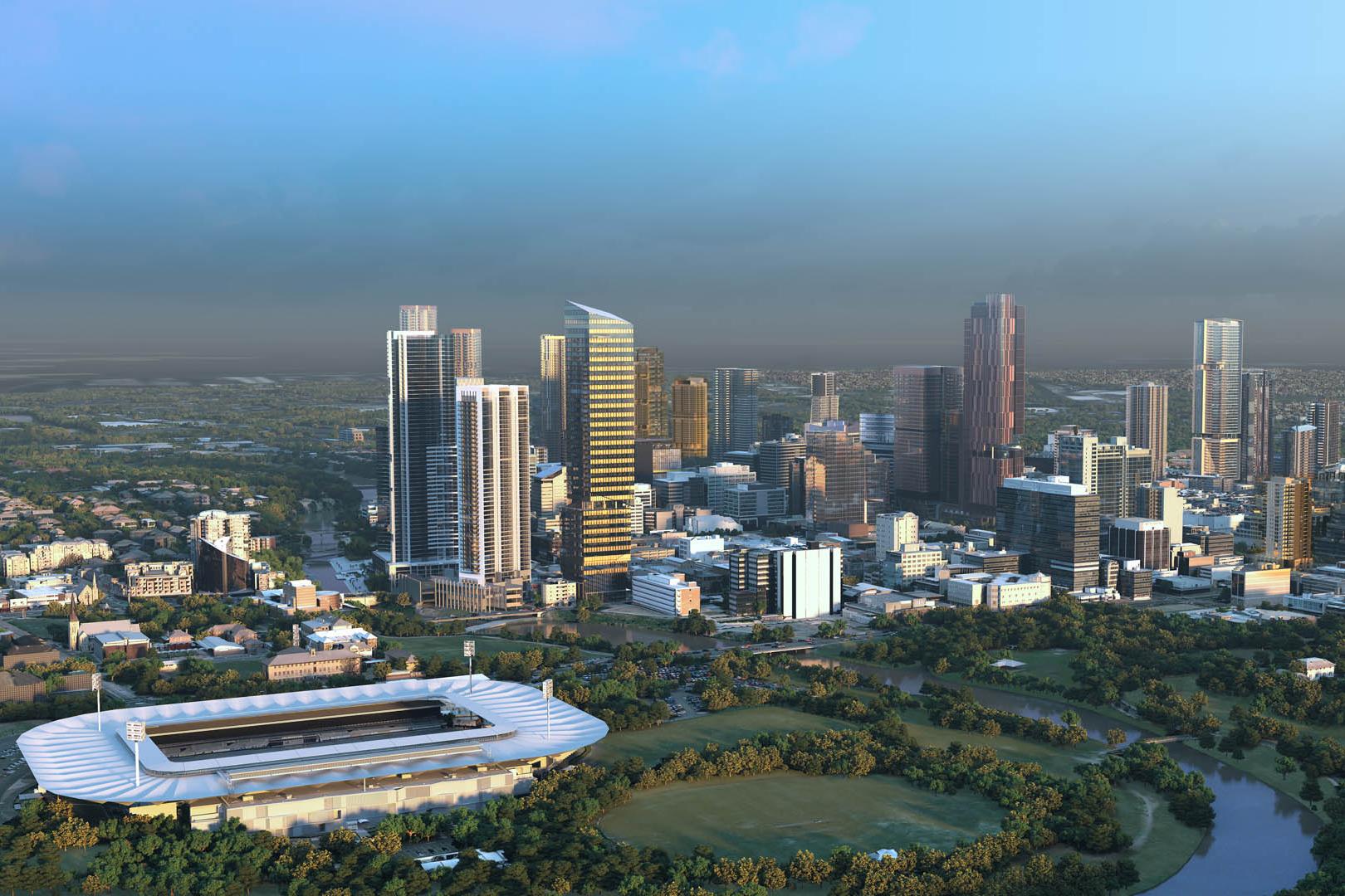 Architects rendering of the City of Parramatta Skyline if all current development approvals and design awards are constructed. Illustrated is the city at dusk viewed aerially from the west with the stadium and Parramatta Park in the foreground. The image portrays a balance of greenspace and technology. 