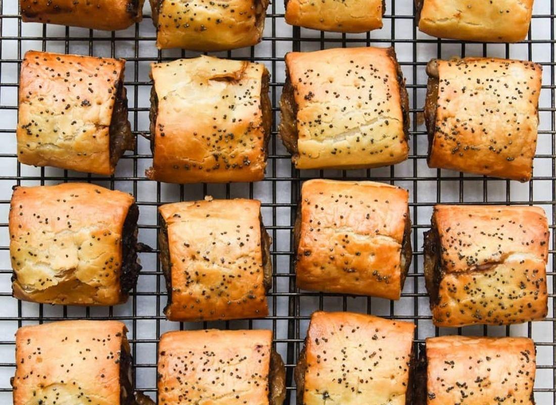 Sausage rolls on rack