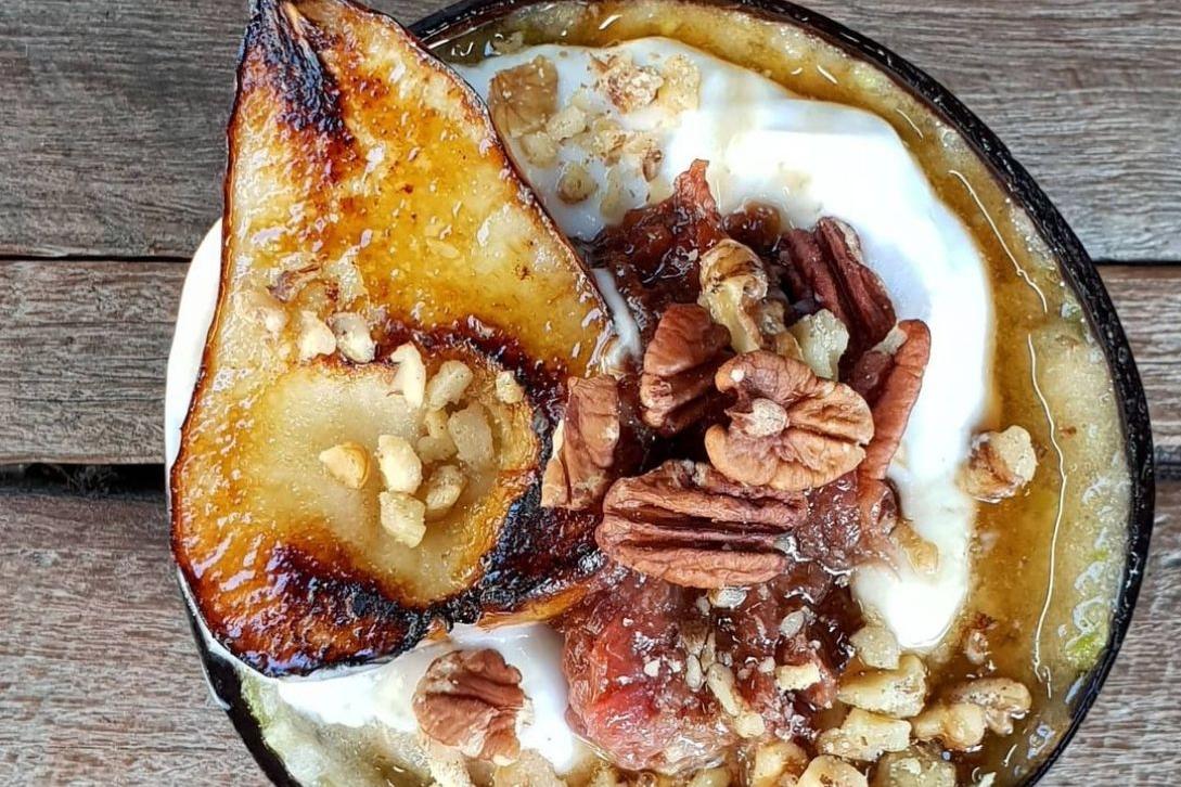 health fruit bowl with pear and walnuts