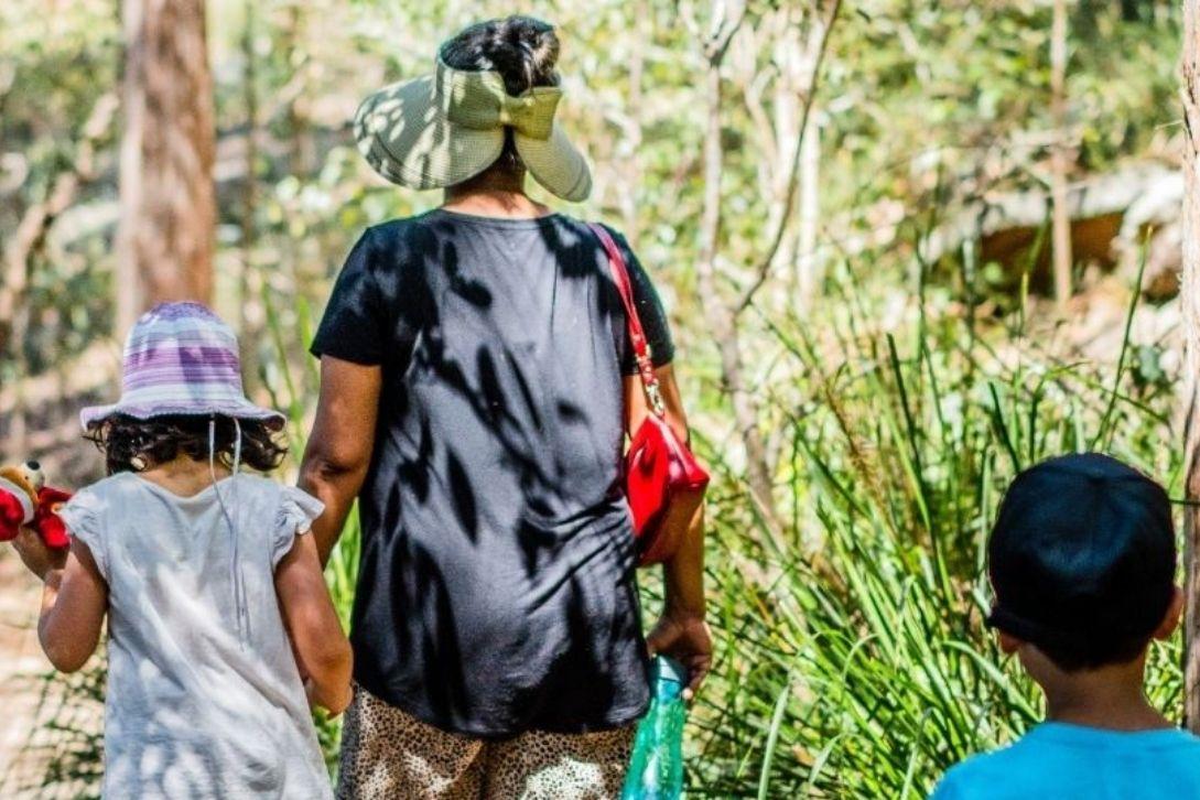 mum, daughter and son on a bush walk