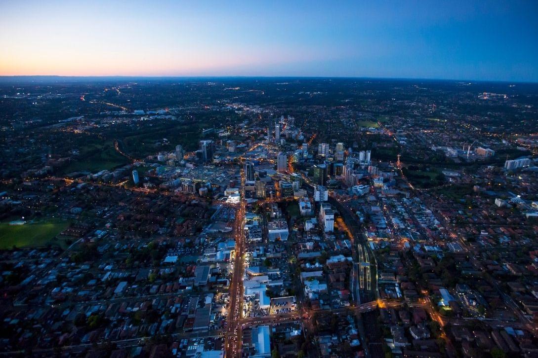 city of parramatta at night from above