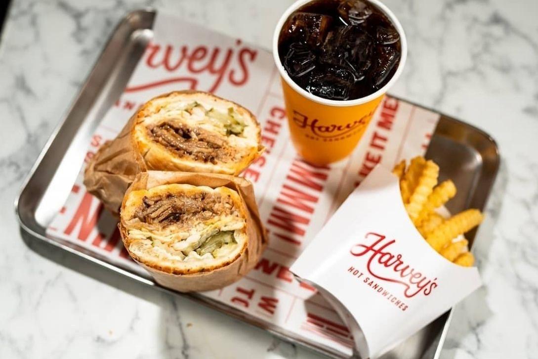 harveys sandwiches, chips and drink