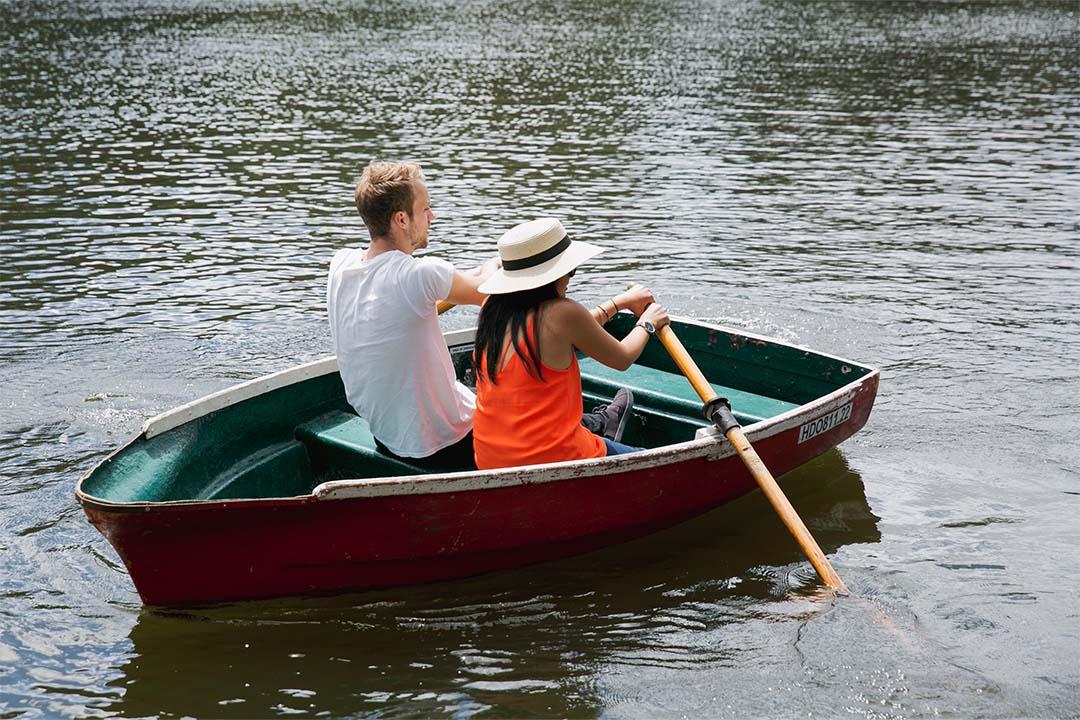 A couple rowing a boat on Lake Parramatta
