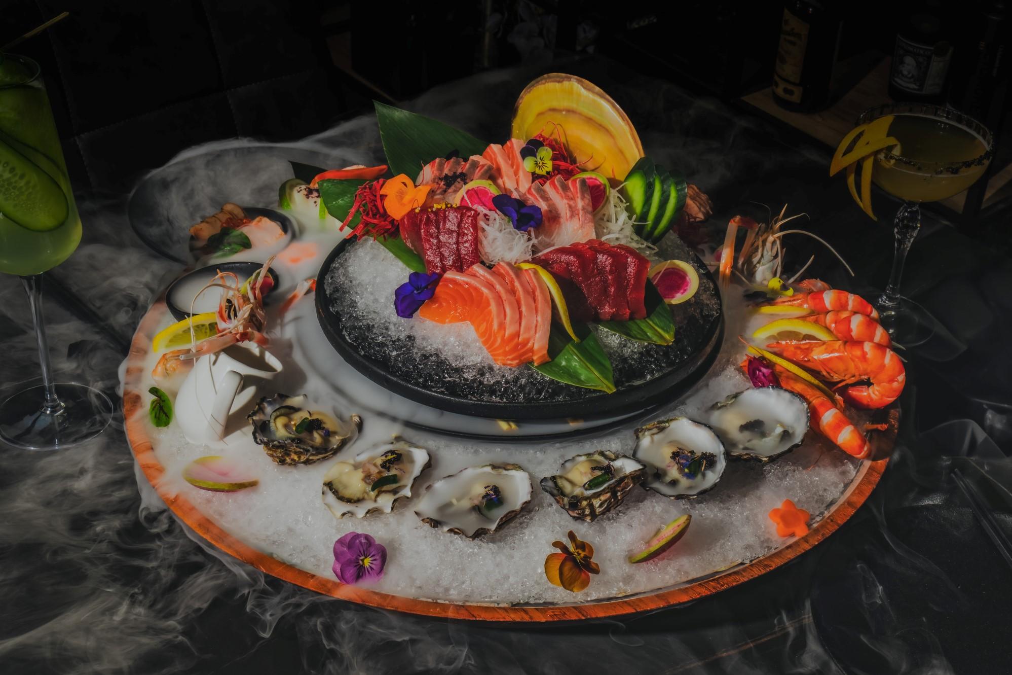 A selection of seafood served on ice