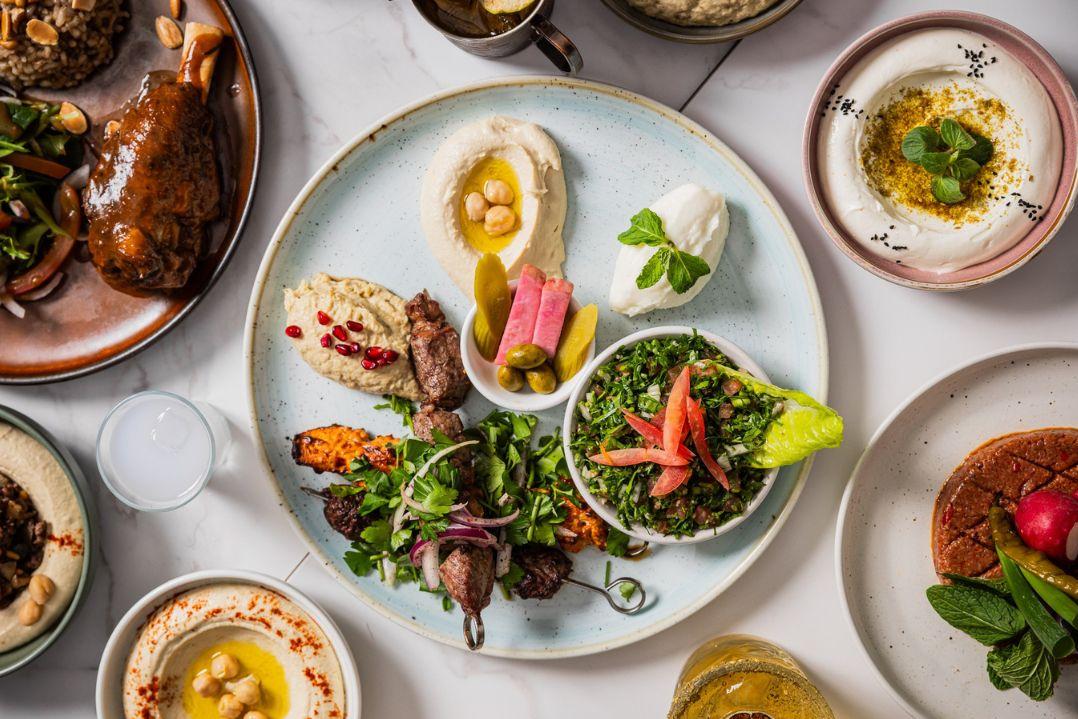 Yummy looking plate of meats, salads and humous 