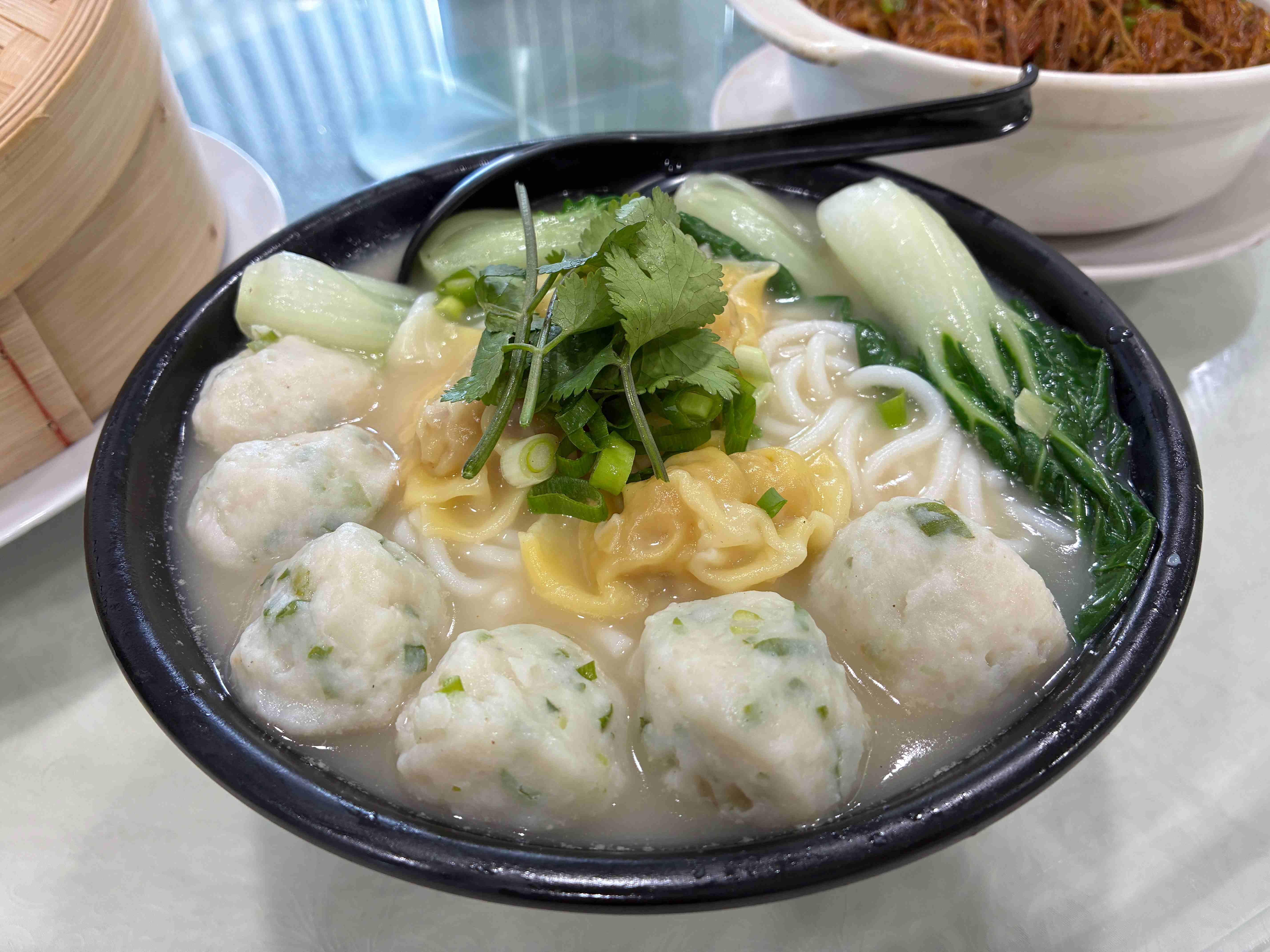 A bowl of steaming soup with fish balls, green vegetables, and wontons in a light broth. Garnished with cilantro and green onions.