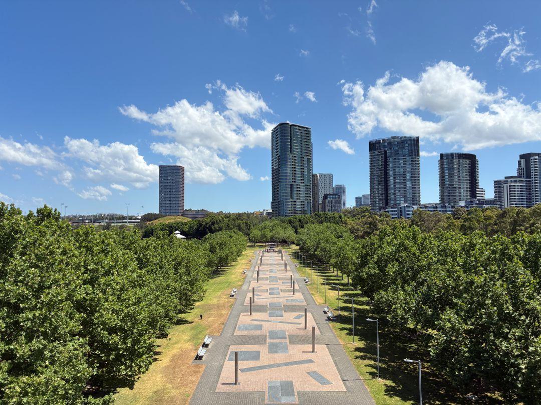 A tree-lined walkway leads to a city skyline with tall, modern buildings under a bright blue sky dotted with clouds, conveying a vibrant urban feel.