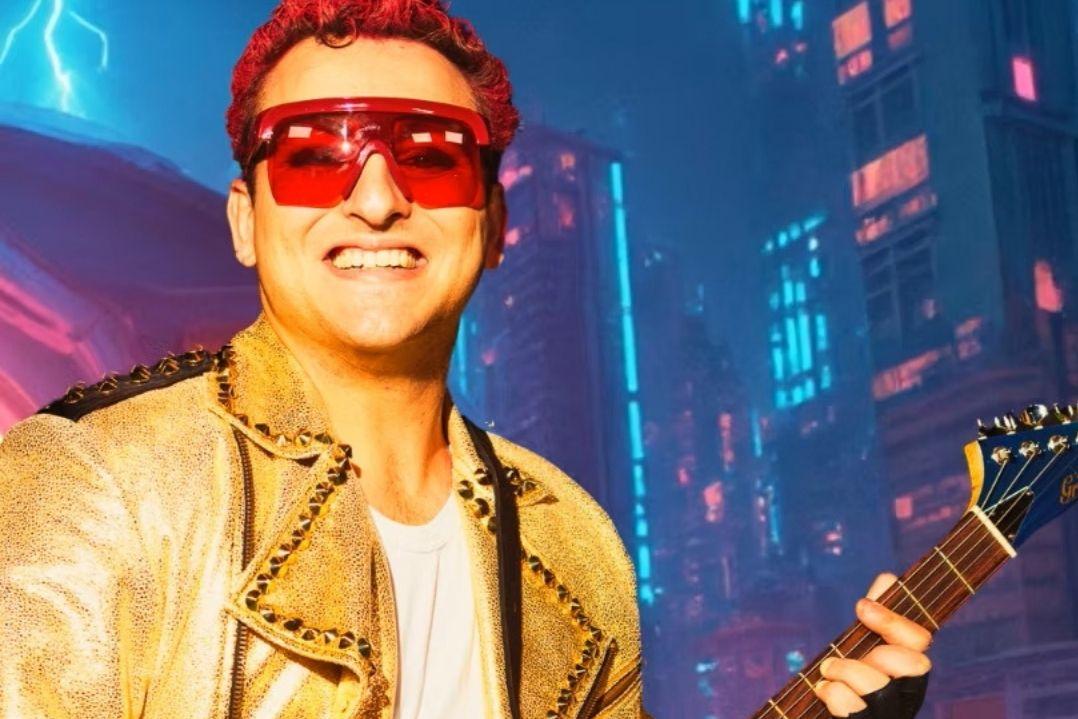 Smiling person with red sunglasses and a leather jacket plays guitar in a vibrant, neon-lit urban setting, conveying a lively, energetic vibe.
