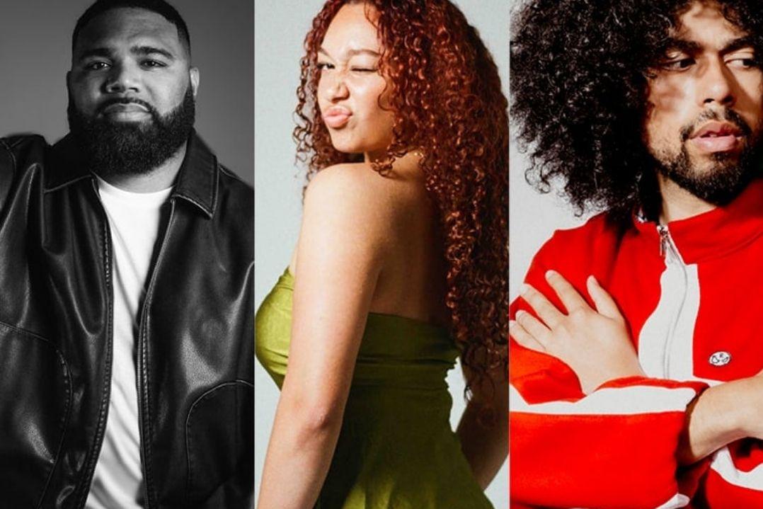 Three people in a row. Left: Man in black leather jacket, serious. Center: Woman in green dress, confident. Right: Man in red jacket, arms crossed.