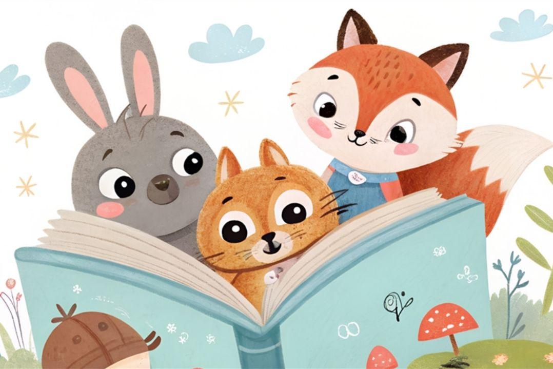 Cute illustration of a rabbit, cat, and fox reading a large book together. They look curious and engaged, with a soft, pastel background featuring clouds and grass.