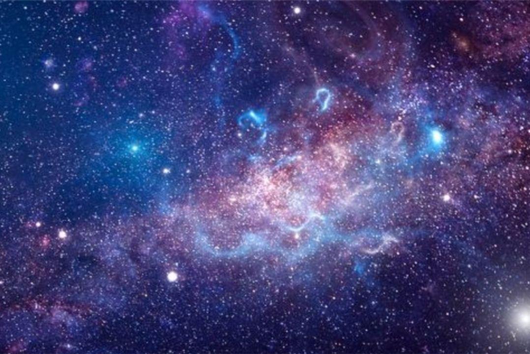 A vibrant cosmic scene of a nebula, with swirling purple and blue gases, sparkling stars, and glowing light, evoking a sense of wonder and vastness.