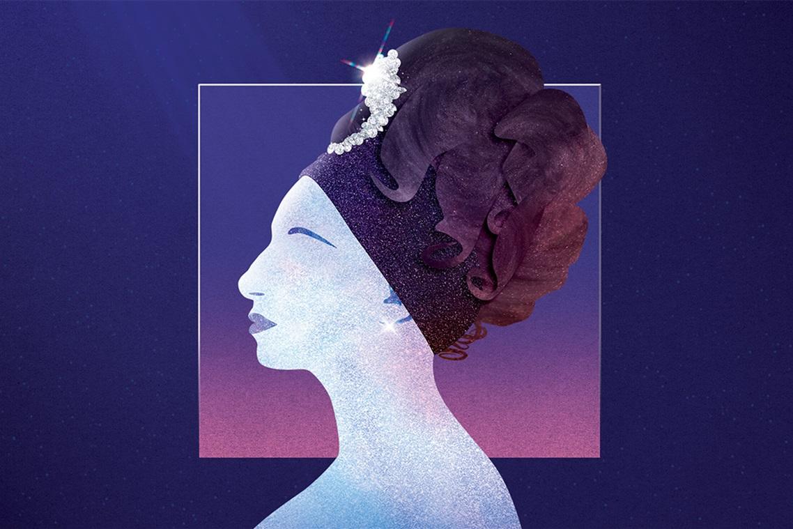 A stylized silhouette of a woman's profile with an elegant hairstyle, set against a gradient purple and pink square, conveying a sense of calm grace.