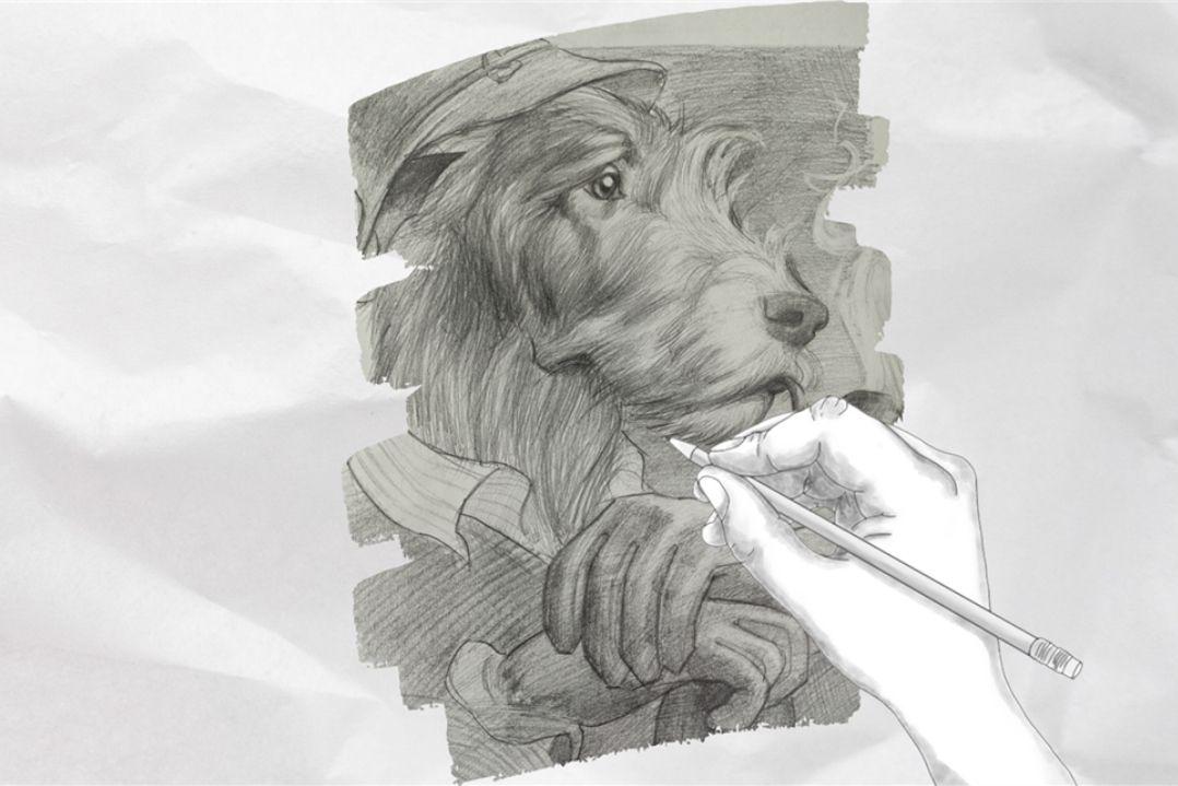 A pencil sketch depicts a realistic face of a woman emerging from paper, with a hand holding a pencil, enhancing the 3D illusion. The artwork conveys creativity.