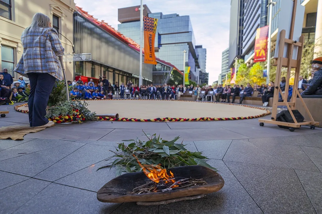 Street protest with people blocking a city street. Wooden barricades with greenery in foreground. Tall modern buildings line the street, under a clear sky.
