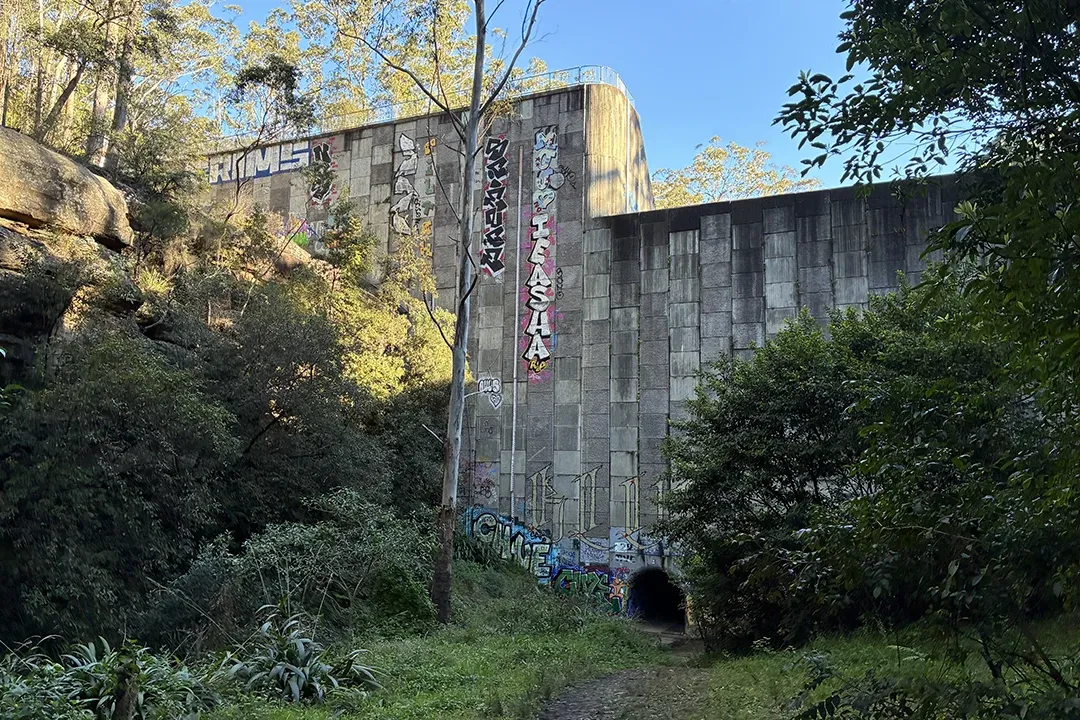 Abandoned concrete structure in a wooded ravine, covered in colourful graffiti, with a dark tunnel entrance and bright blue sky beyond.