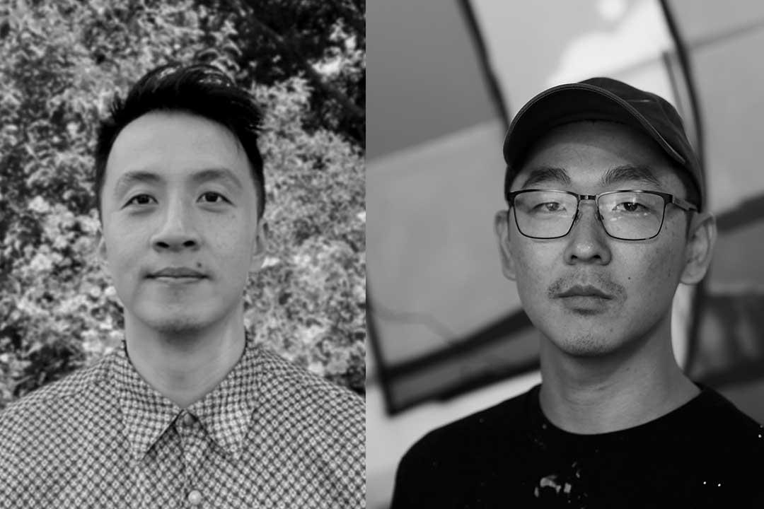 Split-screen black-and-white portraits of two Asian men: one outdoors in a patterned shirt, the other in glasses and a cap indoors, both calm.