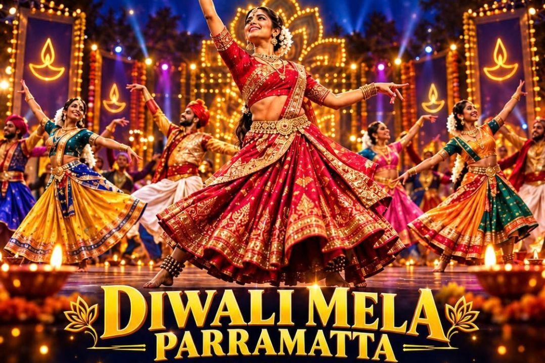 A joyful Diwali Mela dance performance, with a lead woman in a red lehenga and colorful dancers beneath glowing diya lights and festive banners.
