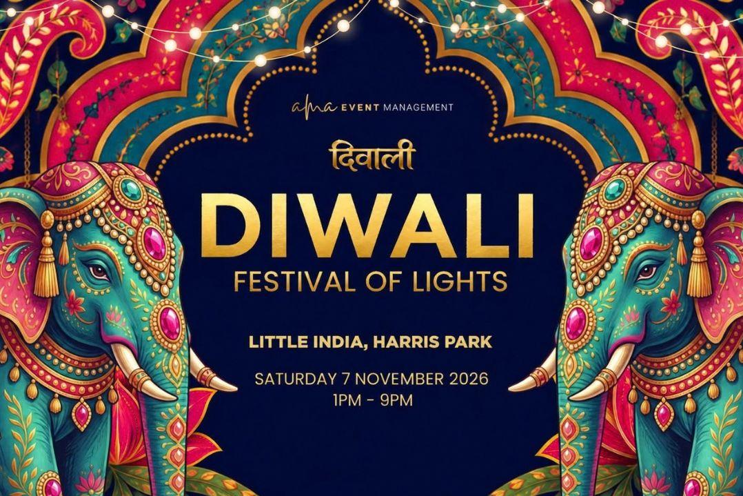 A vibrant Diwali Festival of Lights poster features jeweled teal elephants, glowing string lights, and ornate patterns framing event details for Harris Park, 2026.