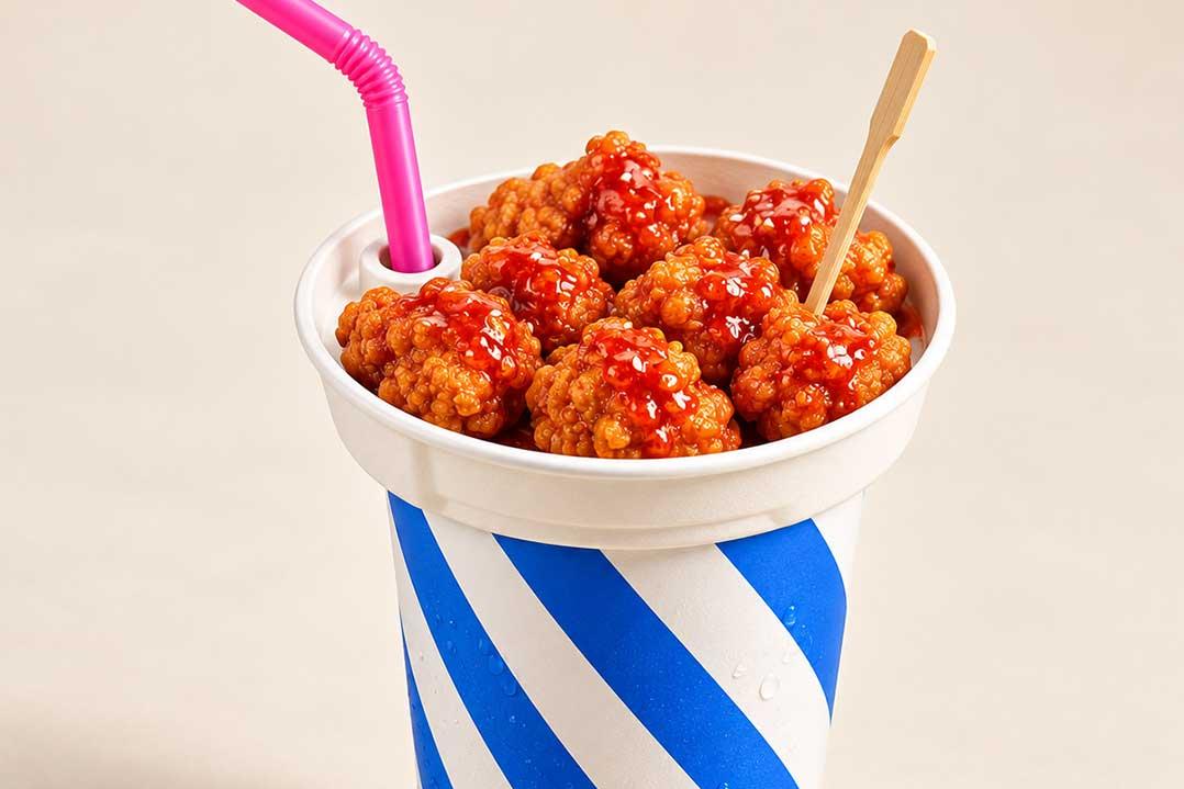 A blue-and-white striped cup filled with glossy, spicy-looking chicken bites, served with a bright pink straw and wooden pick against a clean background.