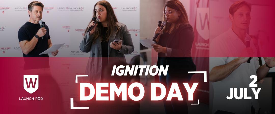 Launch Pad Demo Day event banner with people presenting