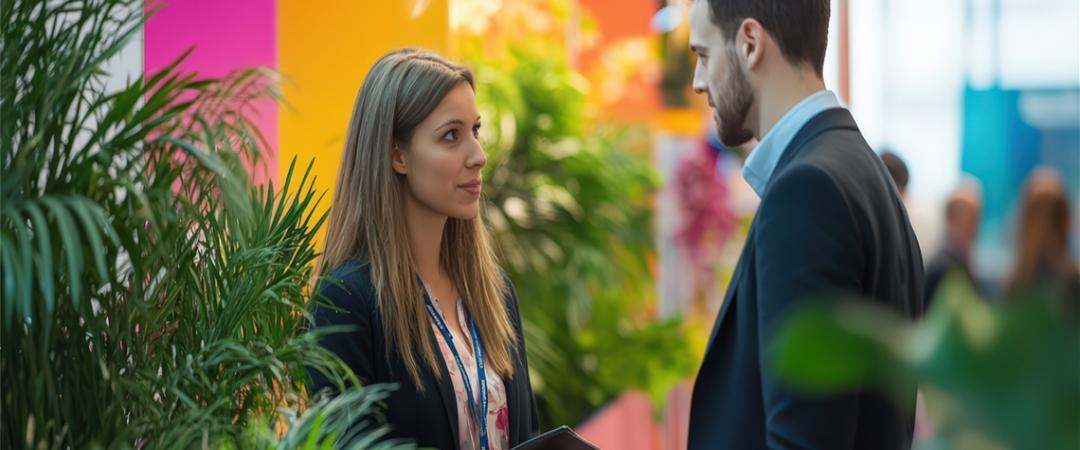 A woman and man in business attire converse amid vibrant, colorful panels and lush plants at a professional event.