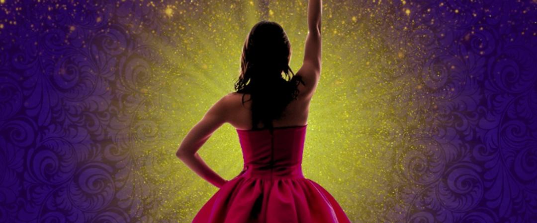 Silhouette of a woman in a red dress striking a pose with one arm raised against a vibrant yellow spotlight and purple sparkling background.