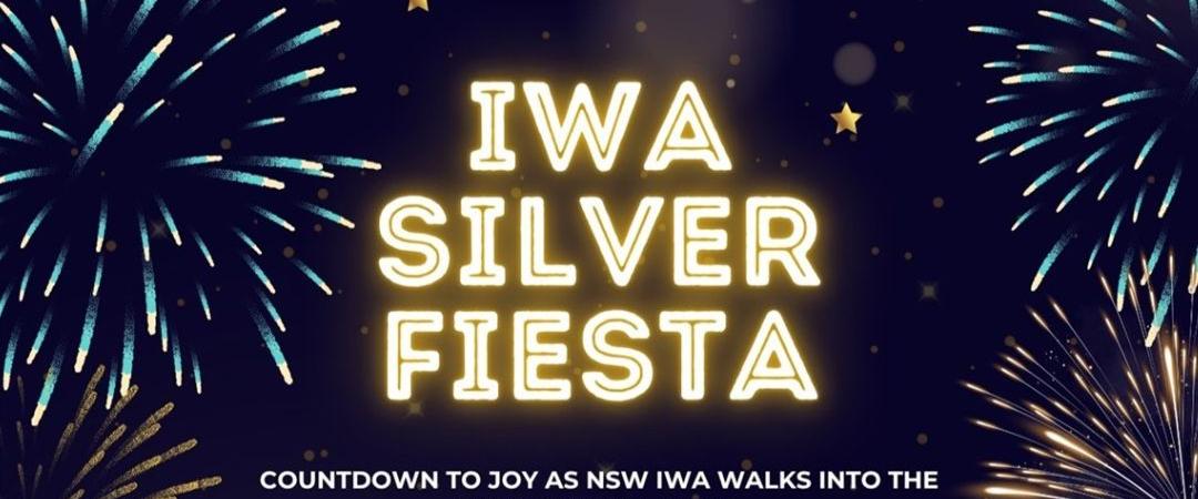 Black background with blue and gold firework cartoon with the text "IWA Silver Fiesta"