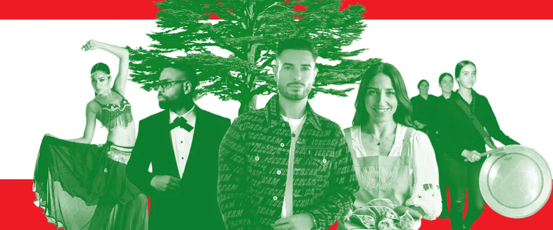 Festival promotional graphic in red, white and green featuring a large cedar tree and a collage of performers and presenters.