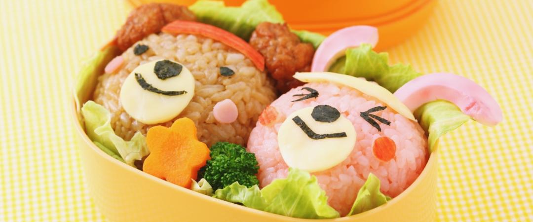 Fun designed kids bento box with rabbit and bear rice balls