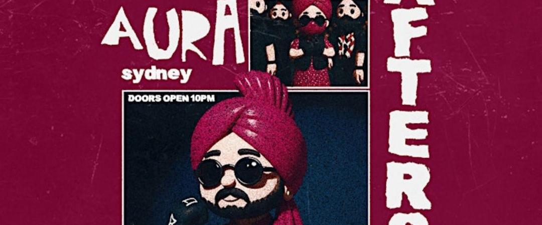 Party poster with a stylized figure wearing sunglasses and a turban. Text reads "AURA Fridays Afters," "Free entry," at "Club Brasilia." Bold, festive vibe.