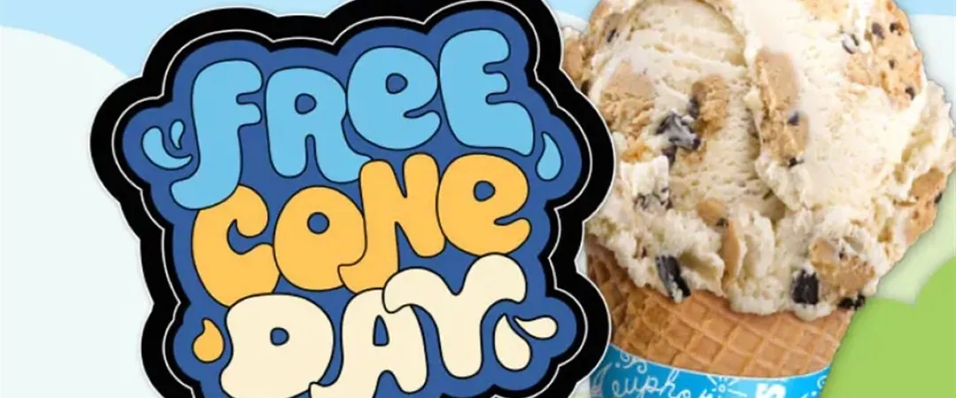 Illustration of an ice cream cone with cookie dough flavor beside a "Free Cone Day" sign in playful lettering, set against a sunny, cheerful backdrop.