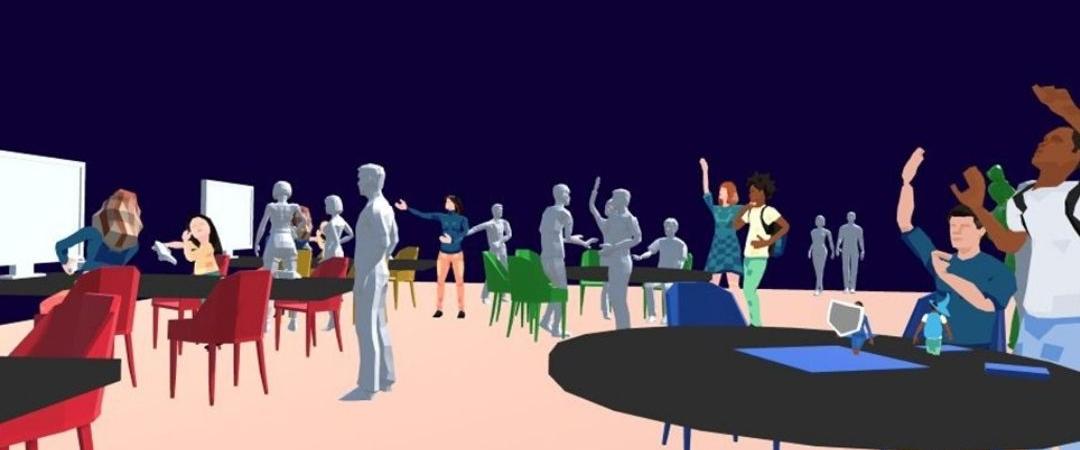 A lively room with diverse people engaged in discussions around round tables, set against a dark blue backdrop. Animated, collaborative atmosphere.