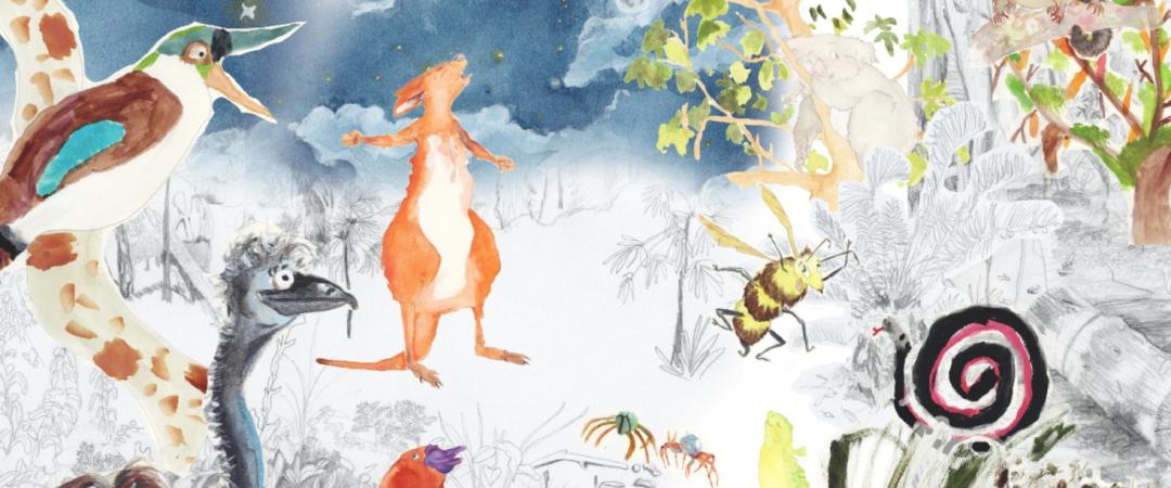 Illustration with vibrant animals against a moonlit sky and grayscale bushland. Features a large bird, kangaroo, insects, and small mammals, evoking a whimsical atmosphere.